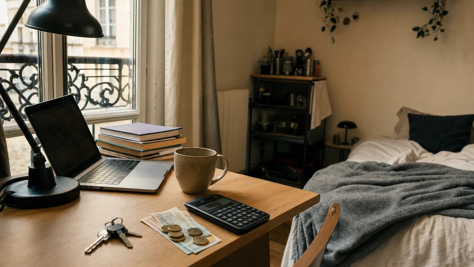 Studio étudiant meublé : bureau devant une fenêtre à balcon en fer forgé, ordinateur portable, manuels, clés, calculatrice et quelques billets posés sur le bureau, lit au second plan.