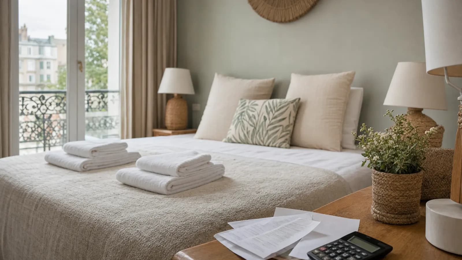 Chambre de location saisonnière, serviettes pliées sur le lit, reçus et calculatrice sur la table de chevet.