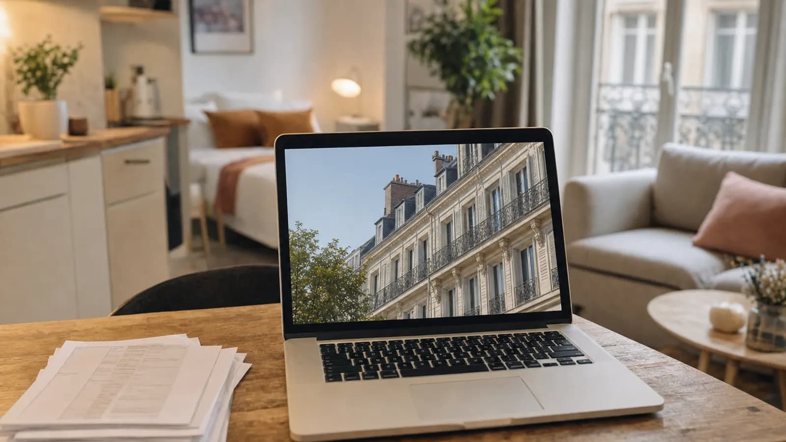 Ordinateur portable ouvert sur un bureau, une pile de factures papier à côté, un studio meublé en arrière-plan.
