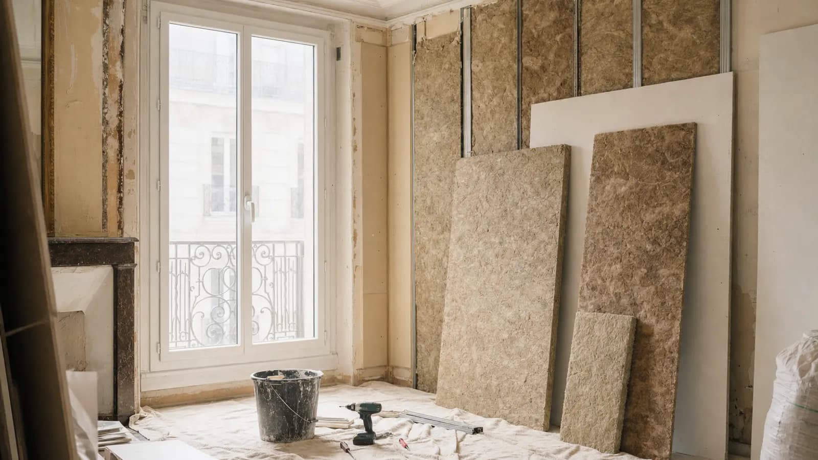 Appartement ancien en rénovation énergétique : panneaux d'isolant posés contre le mur, fenêtre double vitrage neuve et outils au sol.