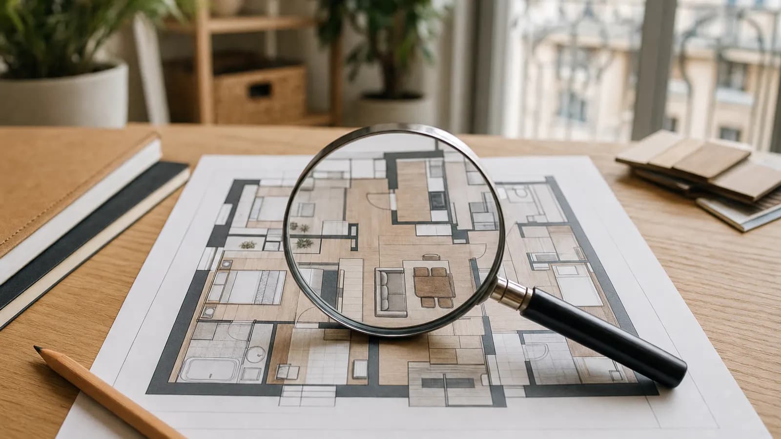 Loupe posée sur un plan d'appartement imprimé, avec un crayon.
