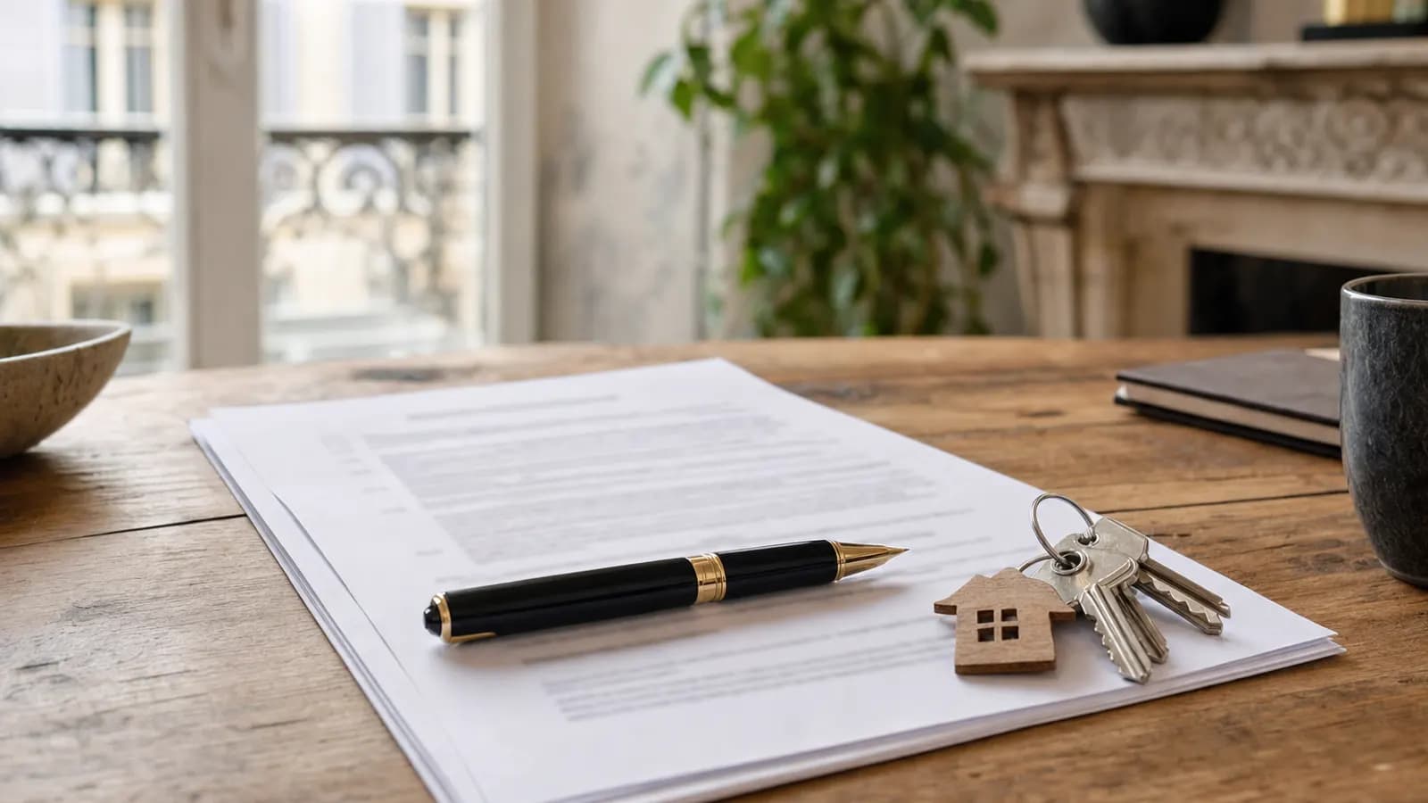 Contrat de bail de plusieurs pages, stylo et clés posés sur une table en bois.