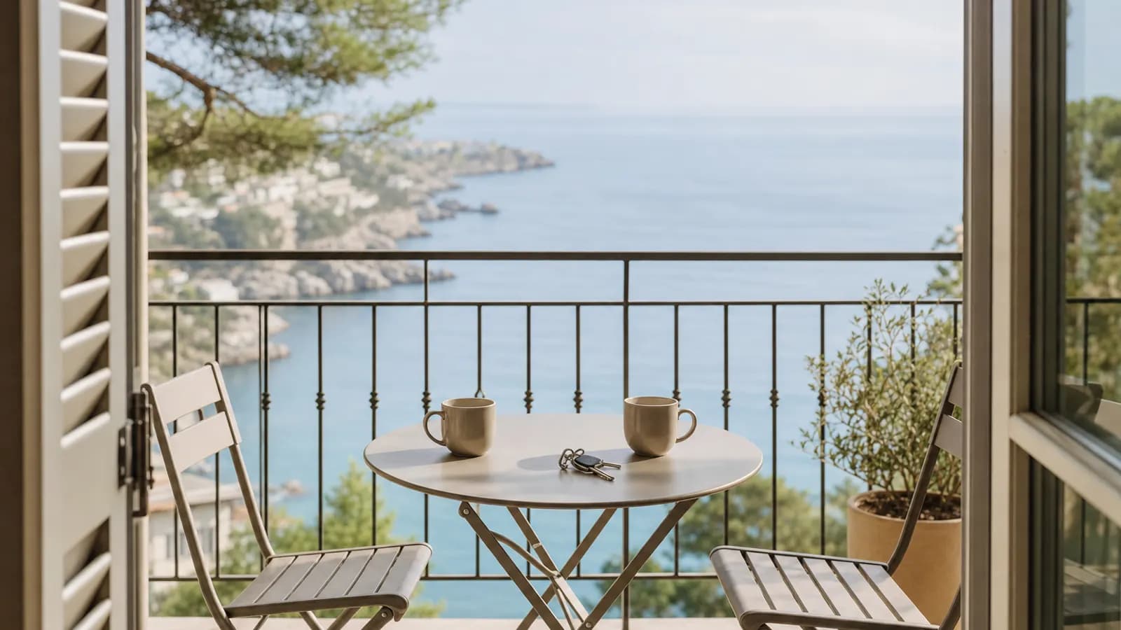 Balcon d'appartement de vacances avec vue sur la mer, deux tasses et un trousseau de clés sur la table.