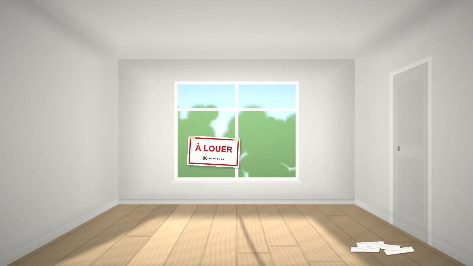 Appartement vide et lumineux, parquet clair, affichette « À louer » scotchée sur la fenêtre et courrier accumulé au pied de la porte.