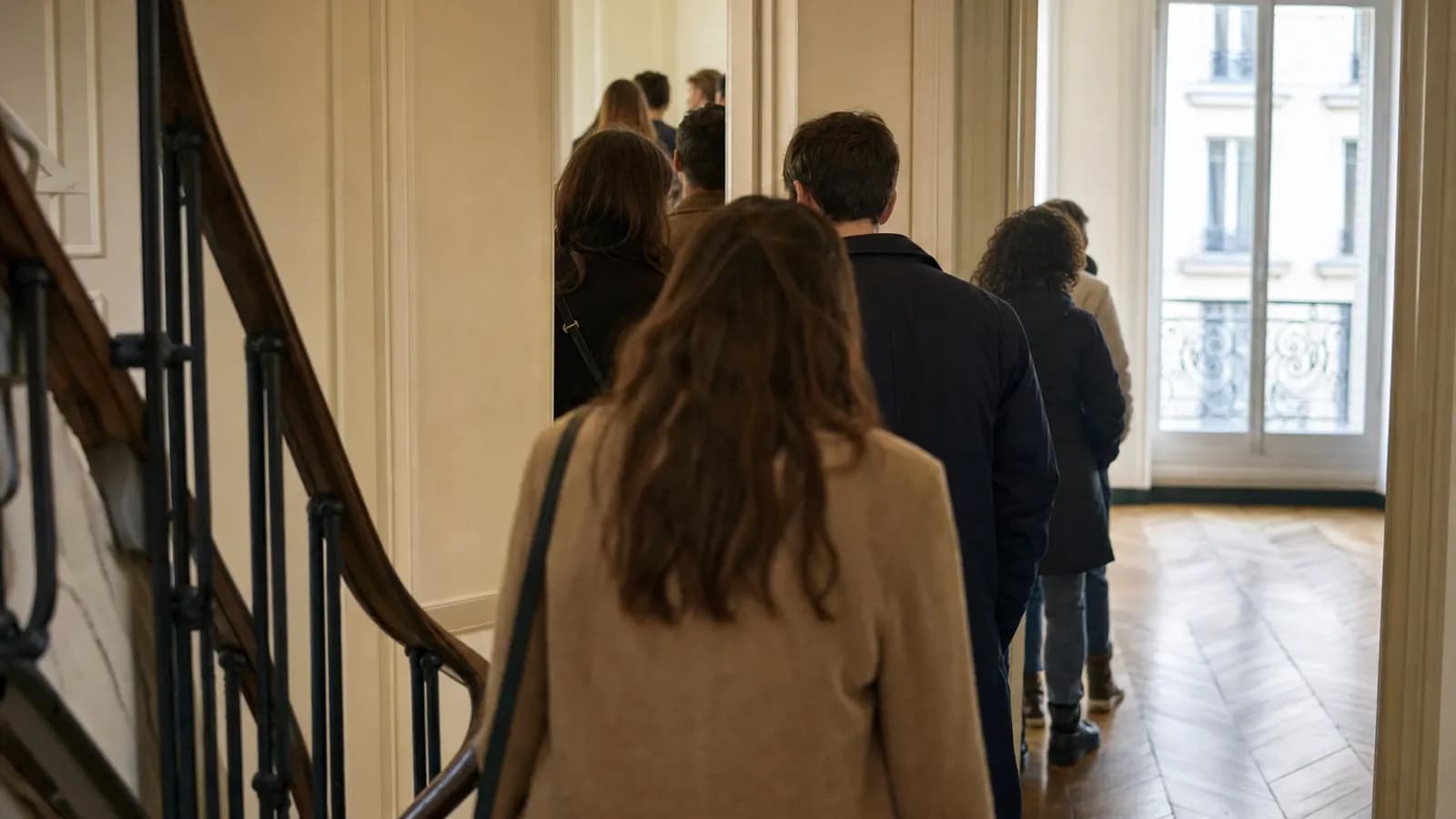 File de candidats locataires, vus de dos, qui entrent depuis la cage d'escalier dans un appartement haussmannien au parquet en chevrons, face à une porte-fenêtre à balcon.