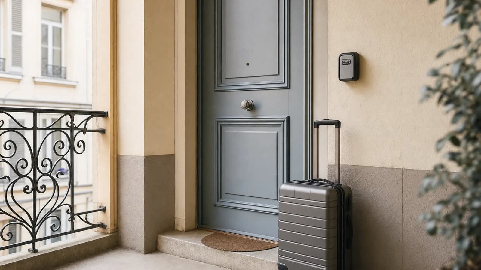 Boîte à clés fixée près de la porte d'un appartement, valise à roulettes sur le palier.