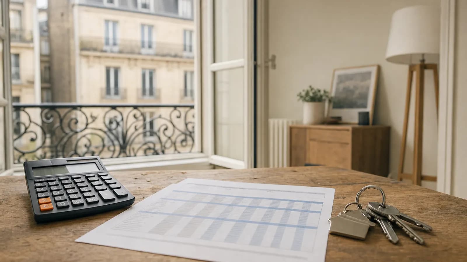 Calculatrice, tableau de chiffres imprimé et trousseau de clés sur un bureau en bois, dans un appartement lumineux.