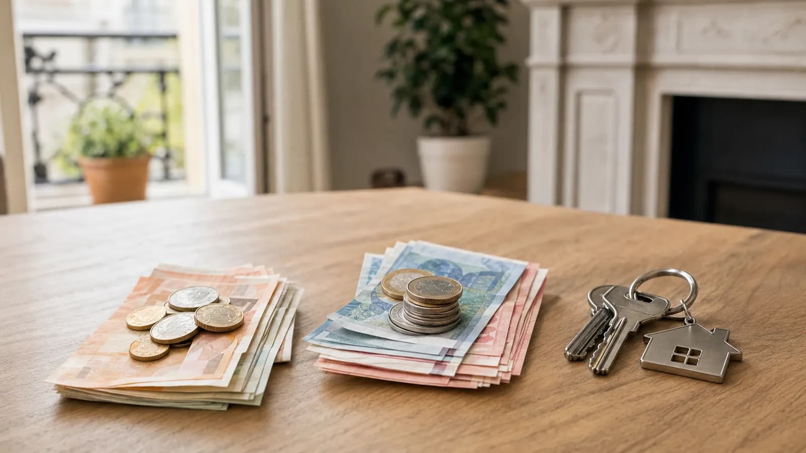 Billets et pièces en euros répartis en deux piles sur une table, à côté d'un trousseau de clés.