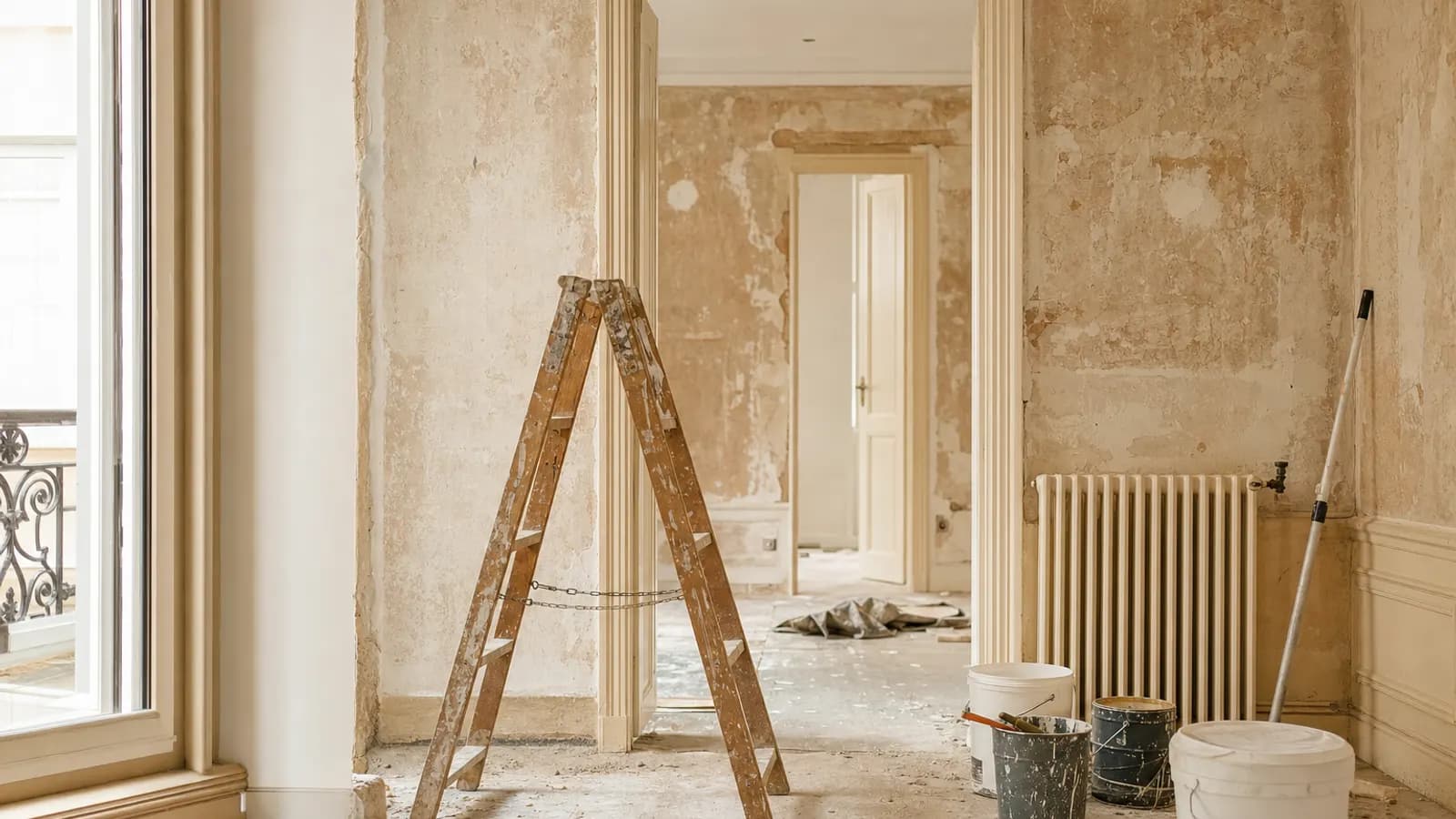 Appartement ancien en travaux : échelle, pots de peinture et murs mis à nu.
