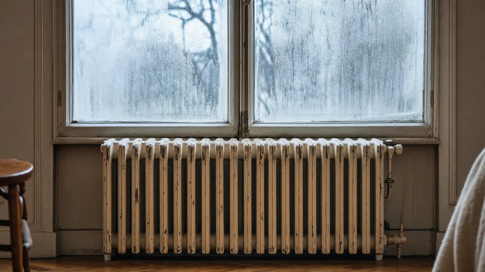 Vieux radiateur en fonte sous une fenêtre ancienne embuée, dans la lumière froide d'un matin d'hiver.