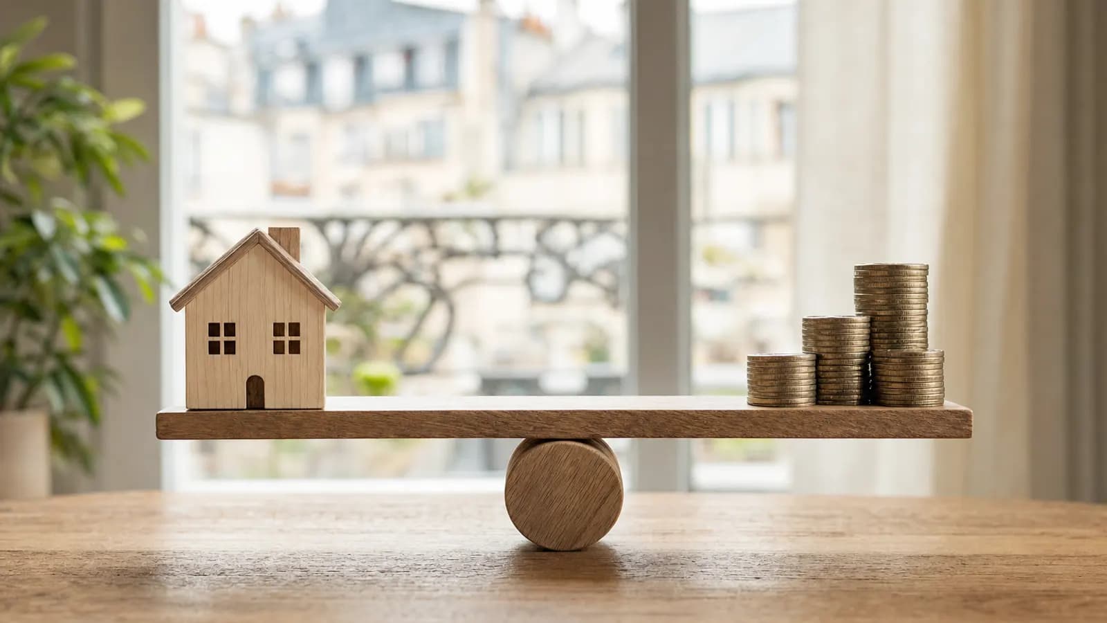 Petite maison en bois posée sur une planche en équilibre, des piles de pièces en contrepoids.