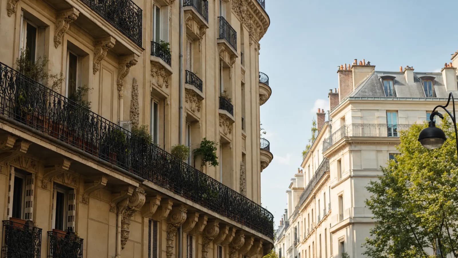 Façades d'immeubles haussmanniens et leurs balcons dans une rue de Paris.