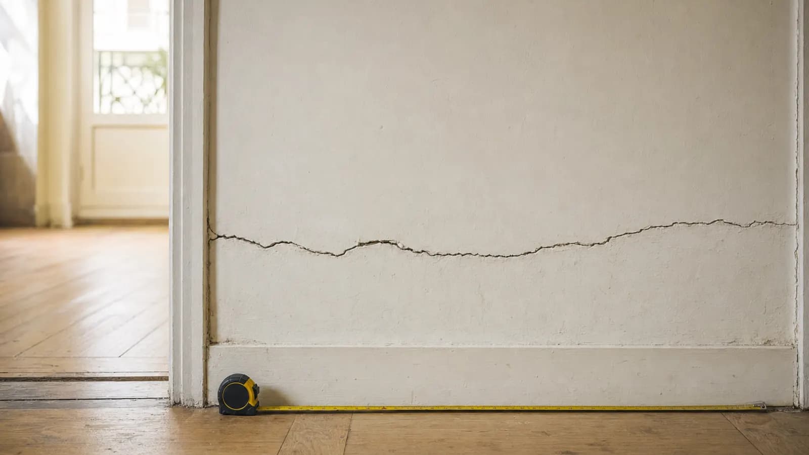 Fissure sur le mur d'un appartement ancien, un mètre ruban déroulé au pied du mur.