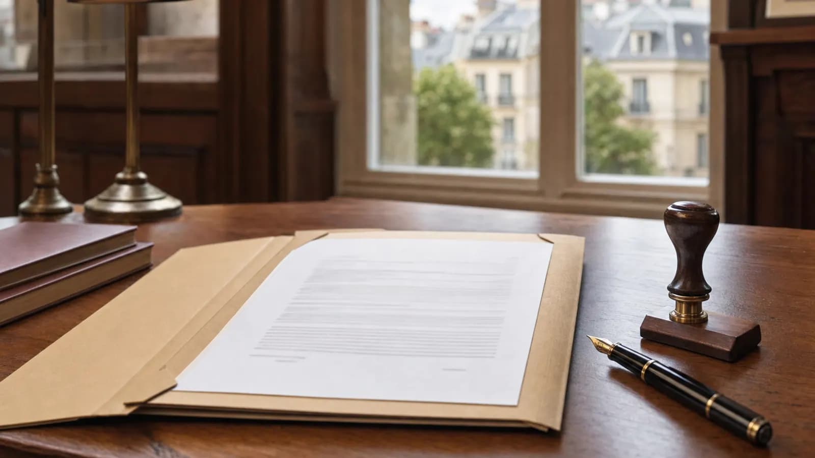 Bureau de notaire : acte de vente dans une chemise cartonnée, stylo-plume et tampon.