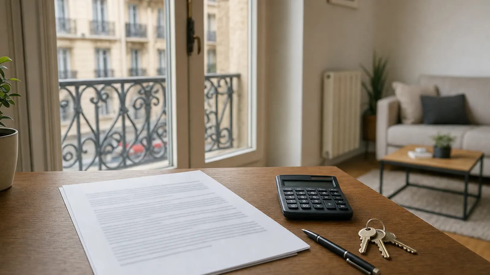 Bureau en bois près d'une fenêtre : un bail imprimé illisible, une calculatrice, un stylo et un trousseau de clés, un salon d'appartement flou en arrière-plan.