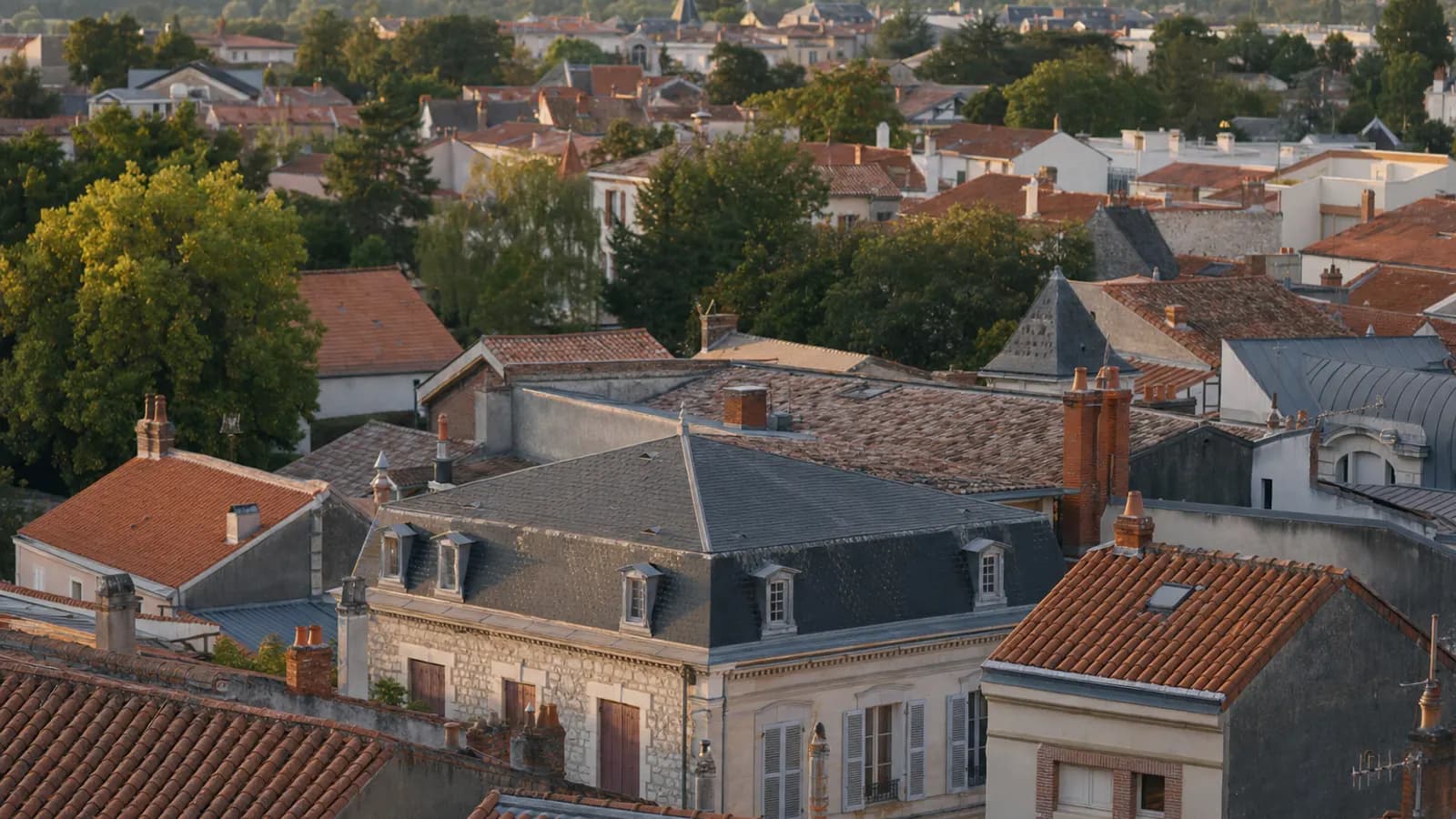 Vue aérienne des toits d'un quartier résidentiel français.