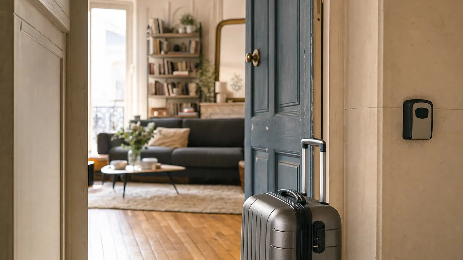 Entrée d'un appartement meublé et lumineux : une valise à roulettes et une boîte à clés à côté de la porte, un salon avec canapé et étagère de livres en arrière-plan.