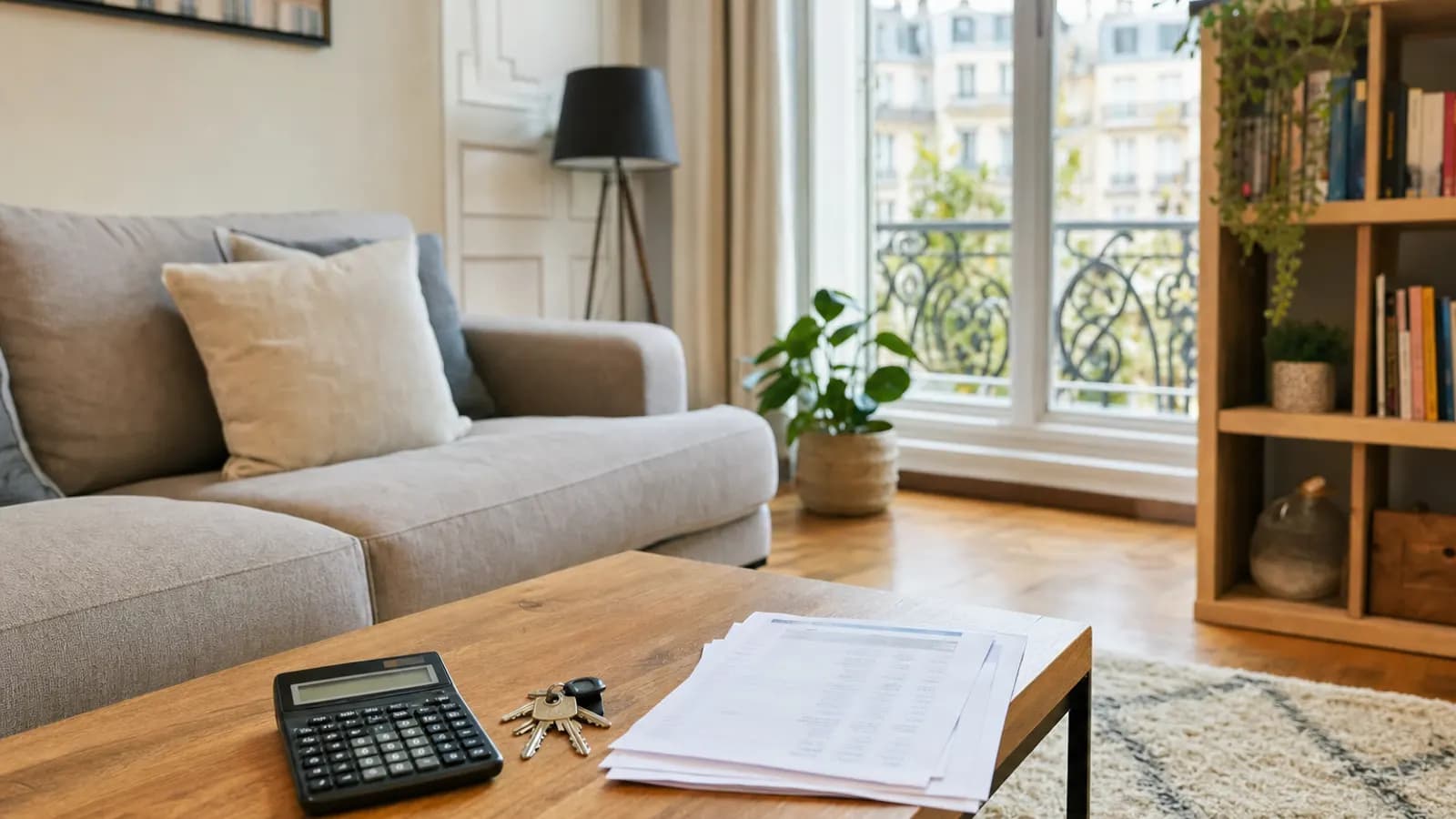 Salon d'appartement meublé et lumineux : canapé, table basse, étagère, et sur la table une calculatrice, un trousseau de clés et une liasse de documents comptables illisibles.