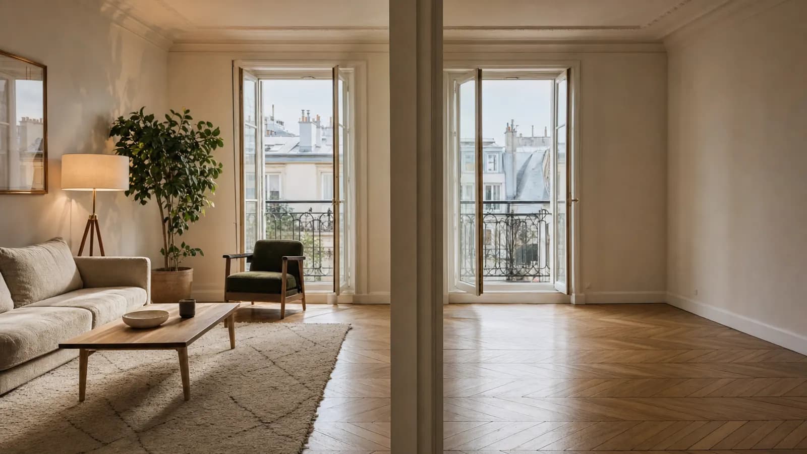 Pièce d'appartement à moitié meublée, à moitié vide : canapé, lampe et tapis d'un côté, parquet nu de l'autre.