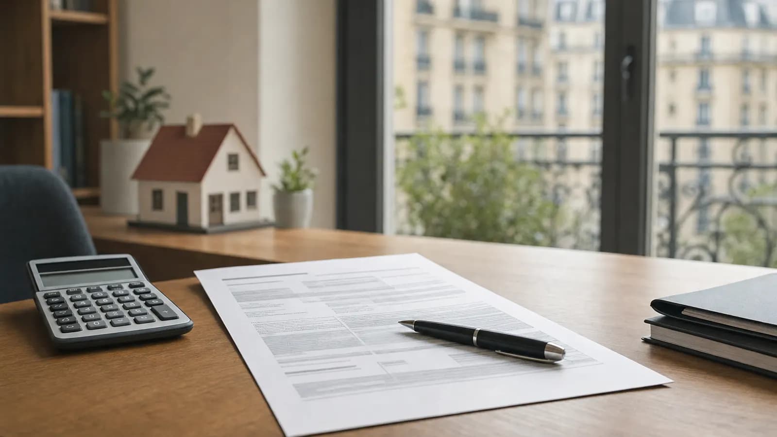 Offre de prêt imprimée, stylo et calculatrice sur le bureau d'un conseiller bancaire.