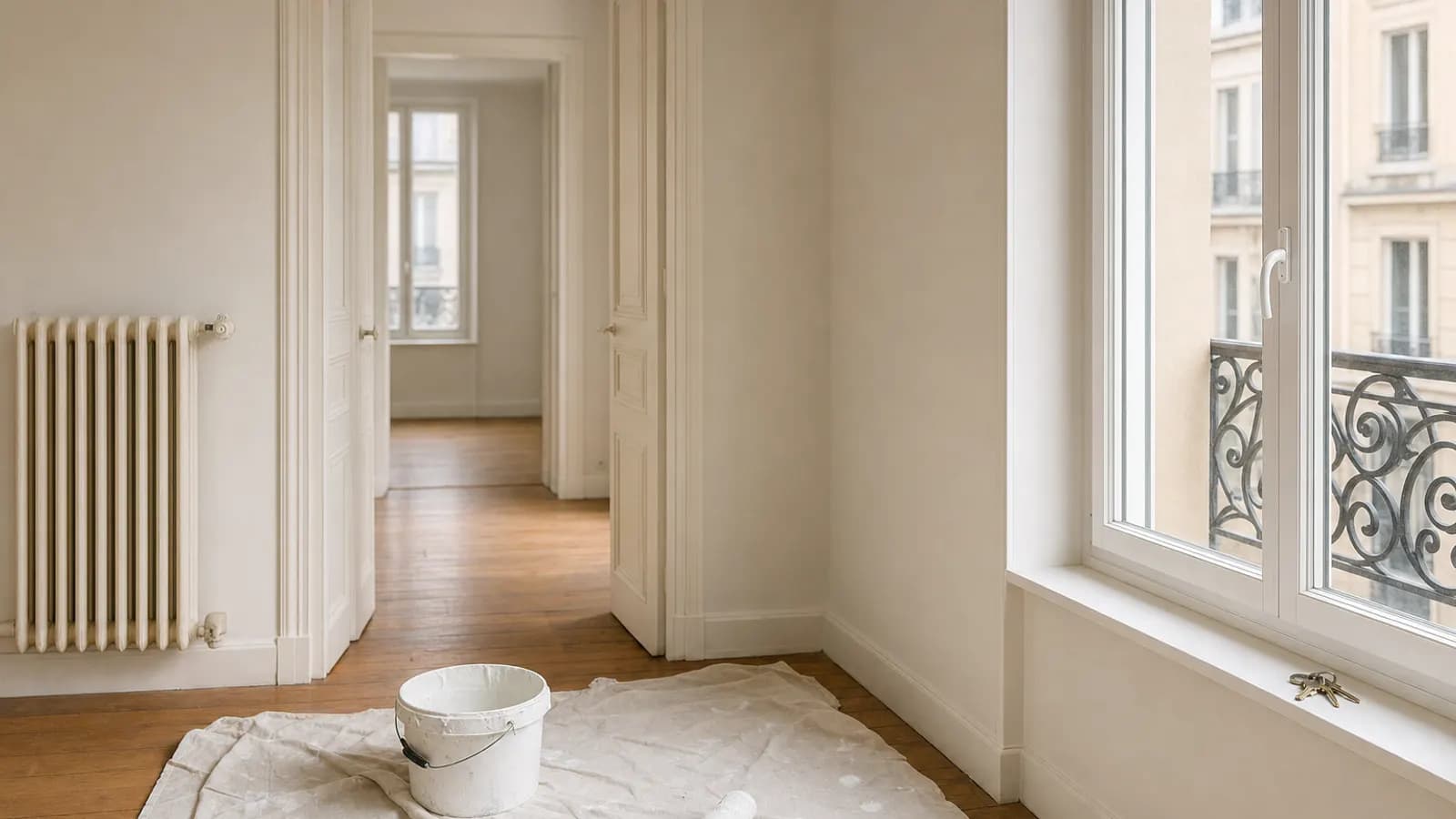 Appartement vide entre deux locataires : murs fraîchement repeints, pot de peinture et rouleau posés sur une bâche au sol, trousseau de clés sur le rebord de la fenêtre.