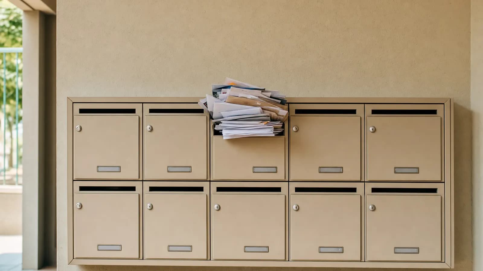 Rangée de boîtes aux lettres dans un hall d'immeuble, l'une débordant de courrier non relevé.